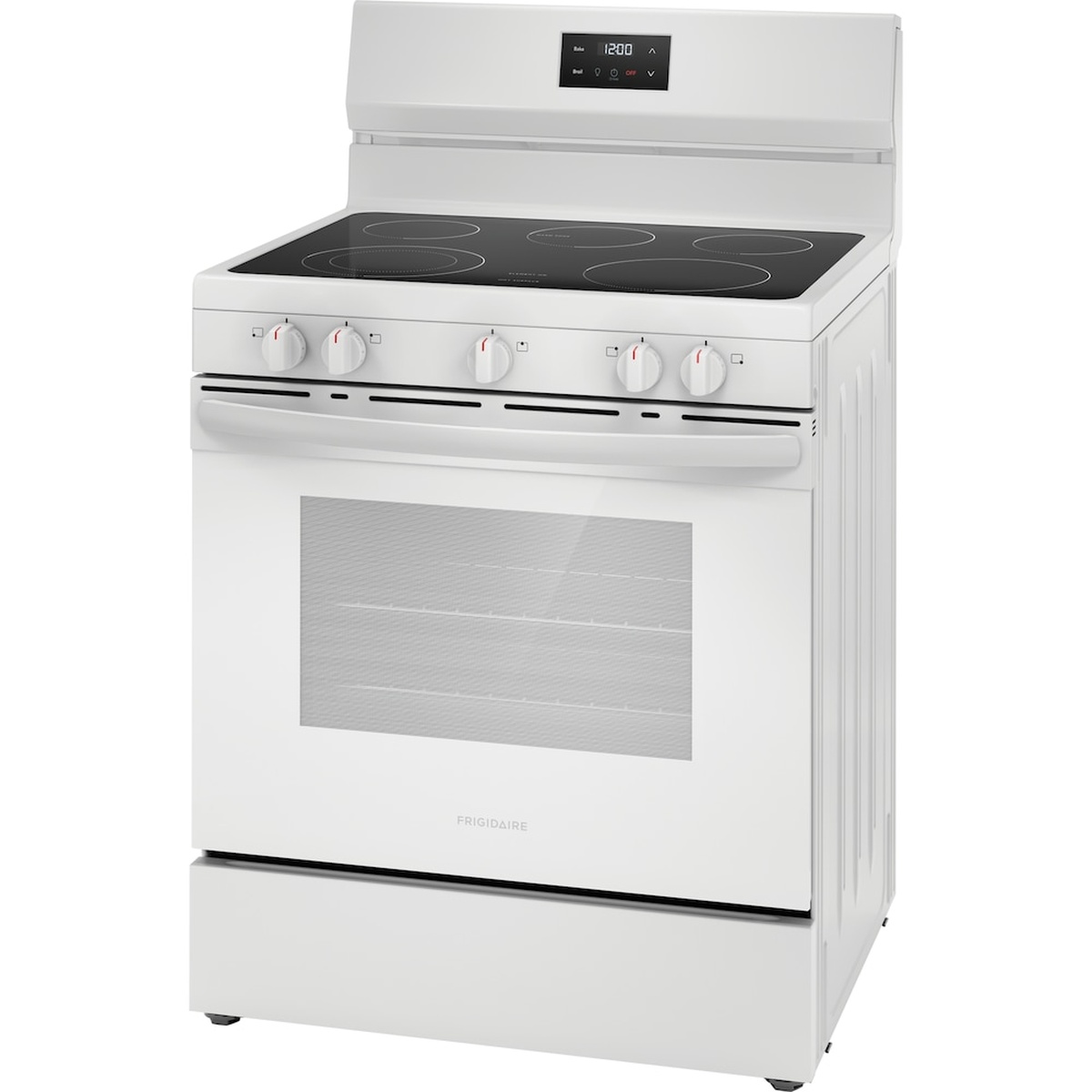 Angled front view of the white Frigidaire freestanding electric range with control panel backsplash, cooktop, oven window, and lower storage drawer