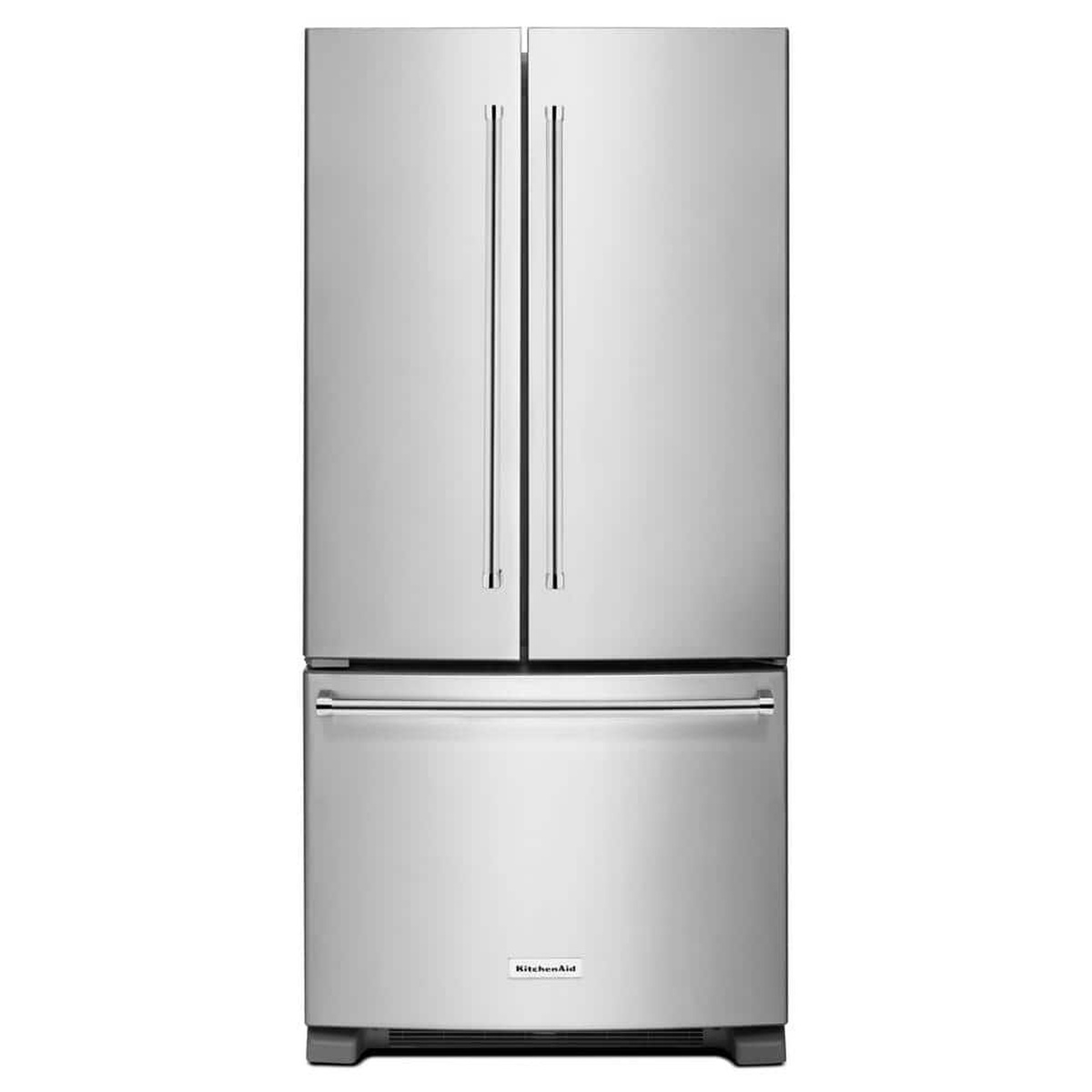 Front view of a stainless steel KitchenAid French door refrigerator with bar handles and a bottom freezer drawer