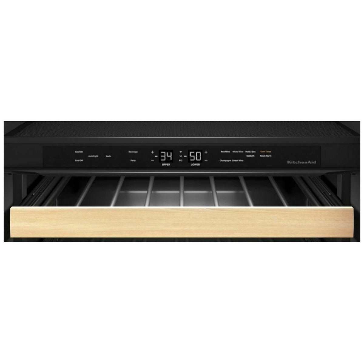 Close-up of the KitchenAid beverage center touch control panel with dual temperature displays above a wood-front rack
