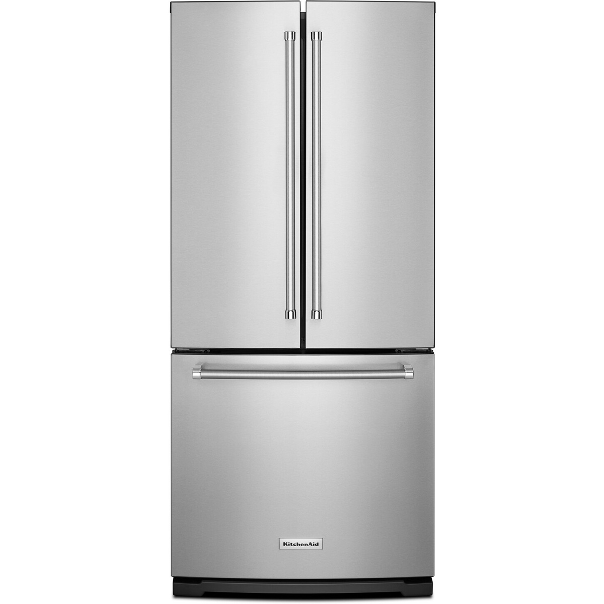 Front view of a stainless steel KitchenAid French door refrigerator with long vertical handles and a bottom freezer drawer