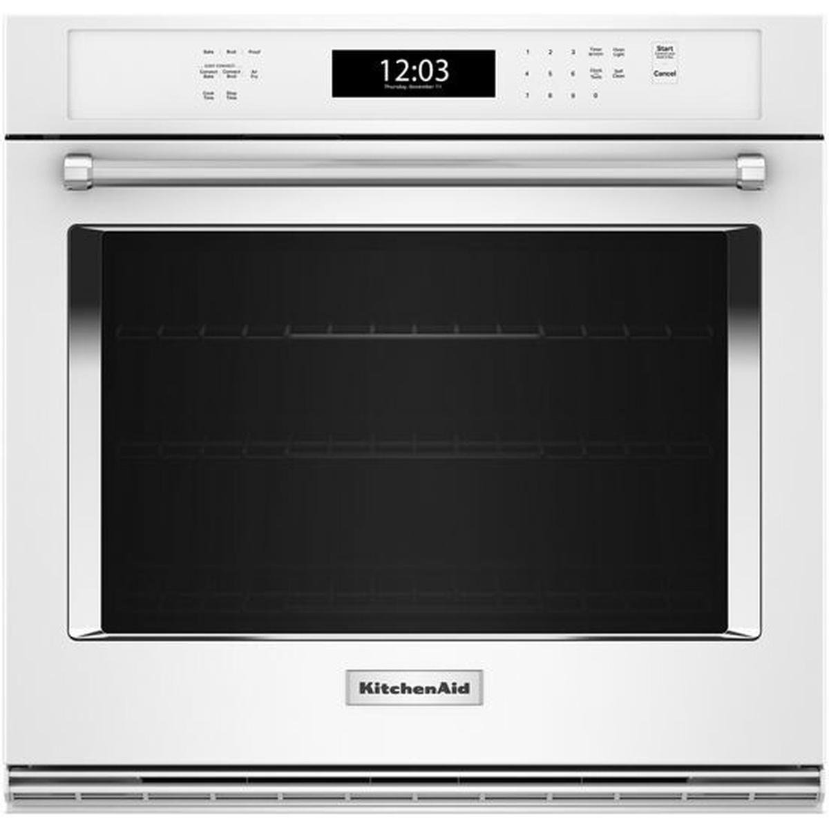 Front view of a white KitchenAid single wall oven with a top touch control panel, digital clock display, stainless-look handle, and large oven window