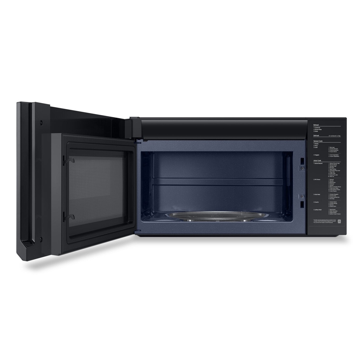 Microwave with the door open showing the interior cavity, glass turntable, and an inside-door cooking guide panel
