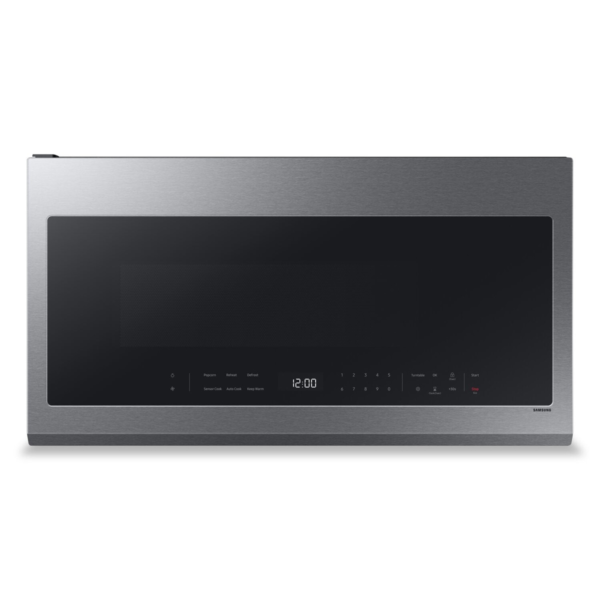 Front view of a stainless steel Samsung over-the-range microwave with a glass touch control panel and LED time display