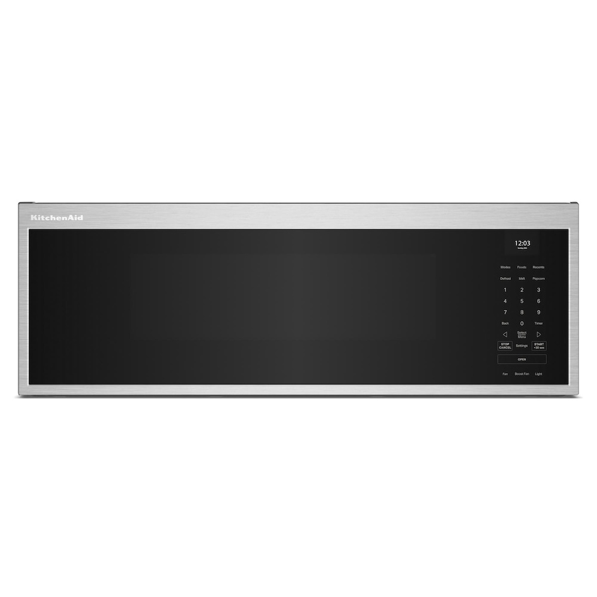 Front view of a KitchenAid low-profile over-the-range microwave in stainless steel with a wide dark window and a right-side keypad