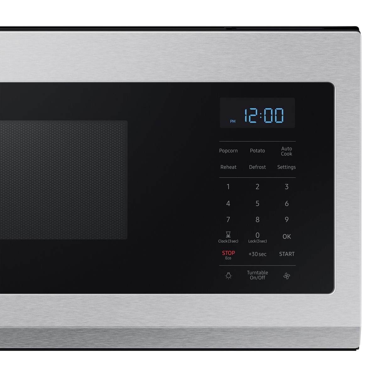 Close-up of the Samsung microwave touch control panel with blue LED clock and presets like Popcorn, Potato, Reheat, Defrost, and +30 sec.