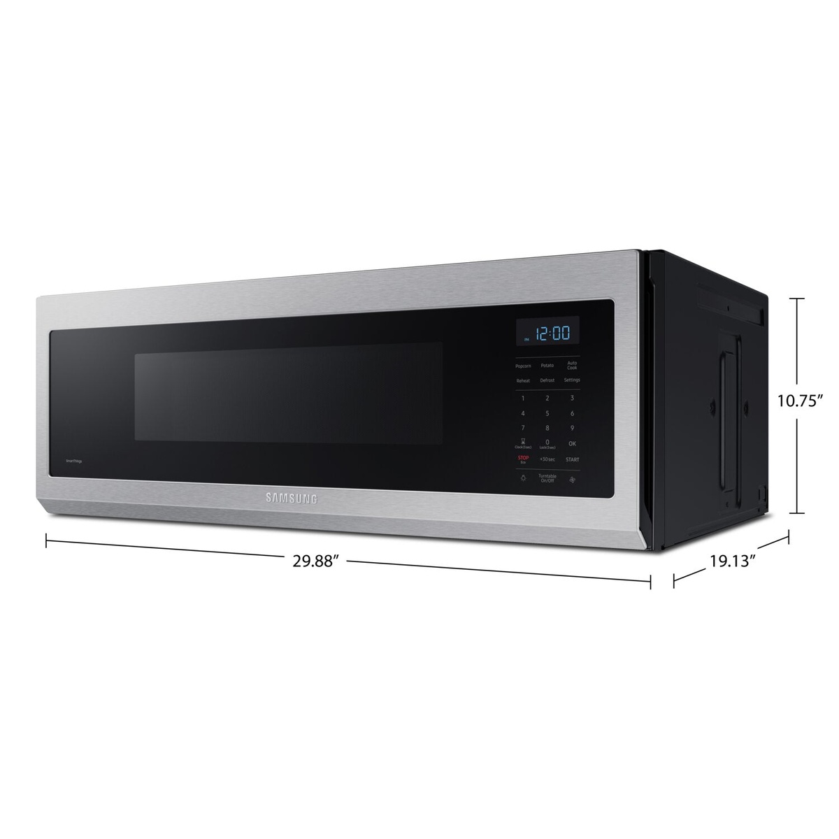 Angled view of a Samsung low-profile over-the-range microwave with labeled dimensions: 29.88 inch width, 10.75 inch height, and 19.13 inch depth.