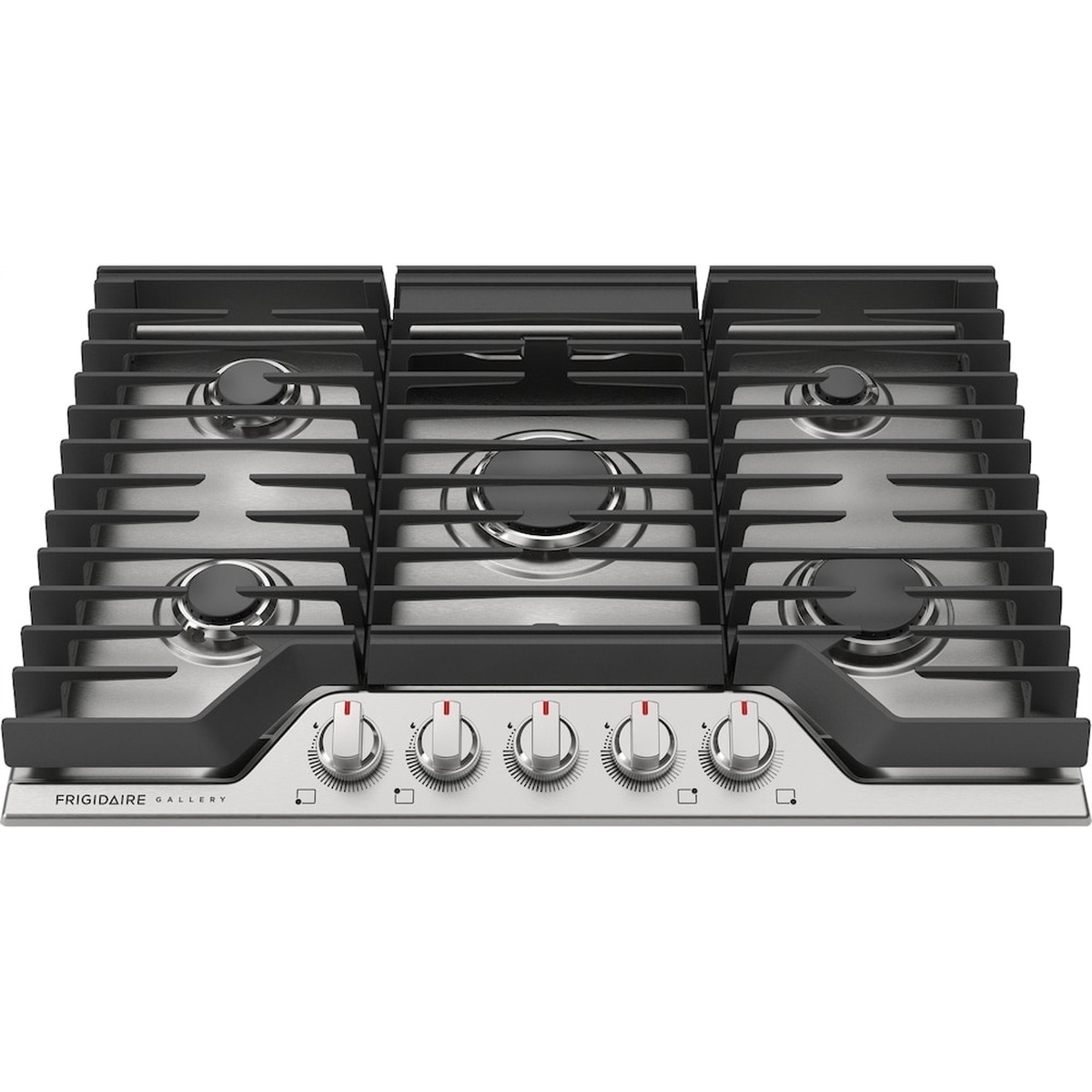 Top view of Frigidaire Gallery stainless gas cooktop with five burners and continuous cast iron grates