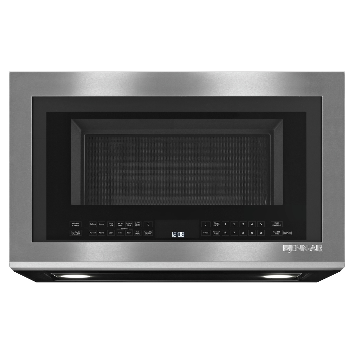 Front view of a stainless JennAir over-the-range microwave with a bottom control panel and two underside lights