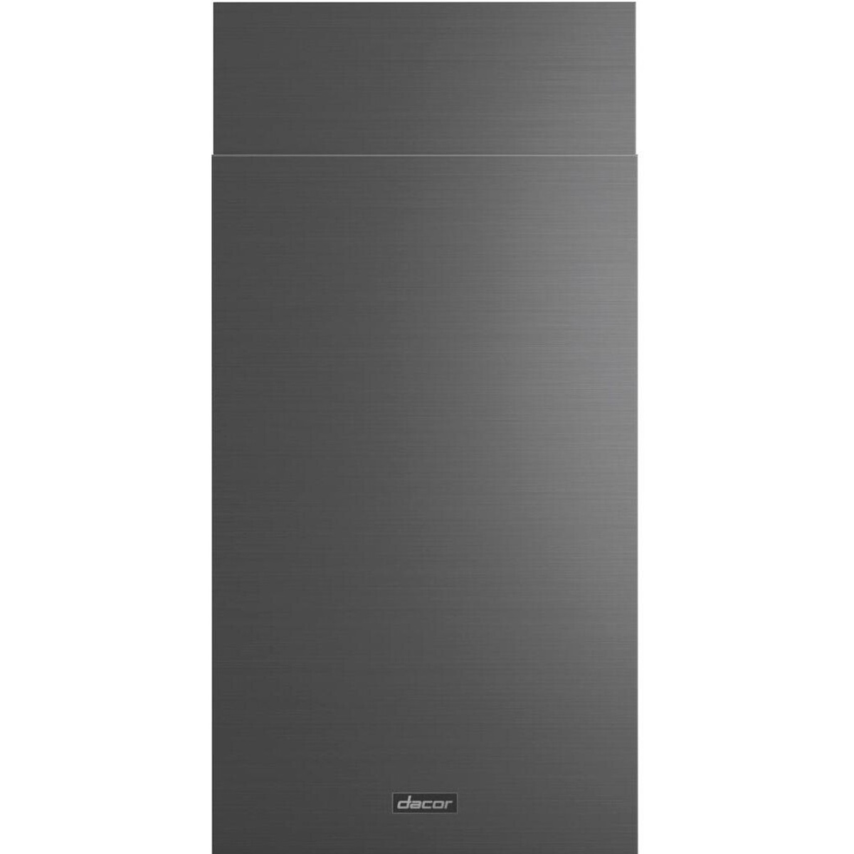 Graphite stainless duct cover extension panel with a Dacor logo badge
