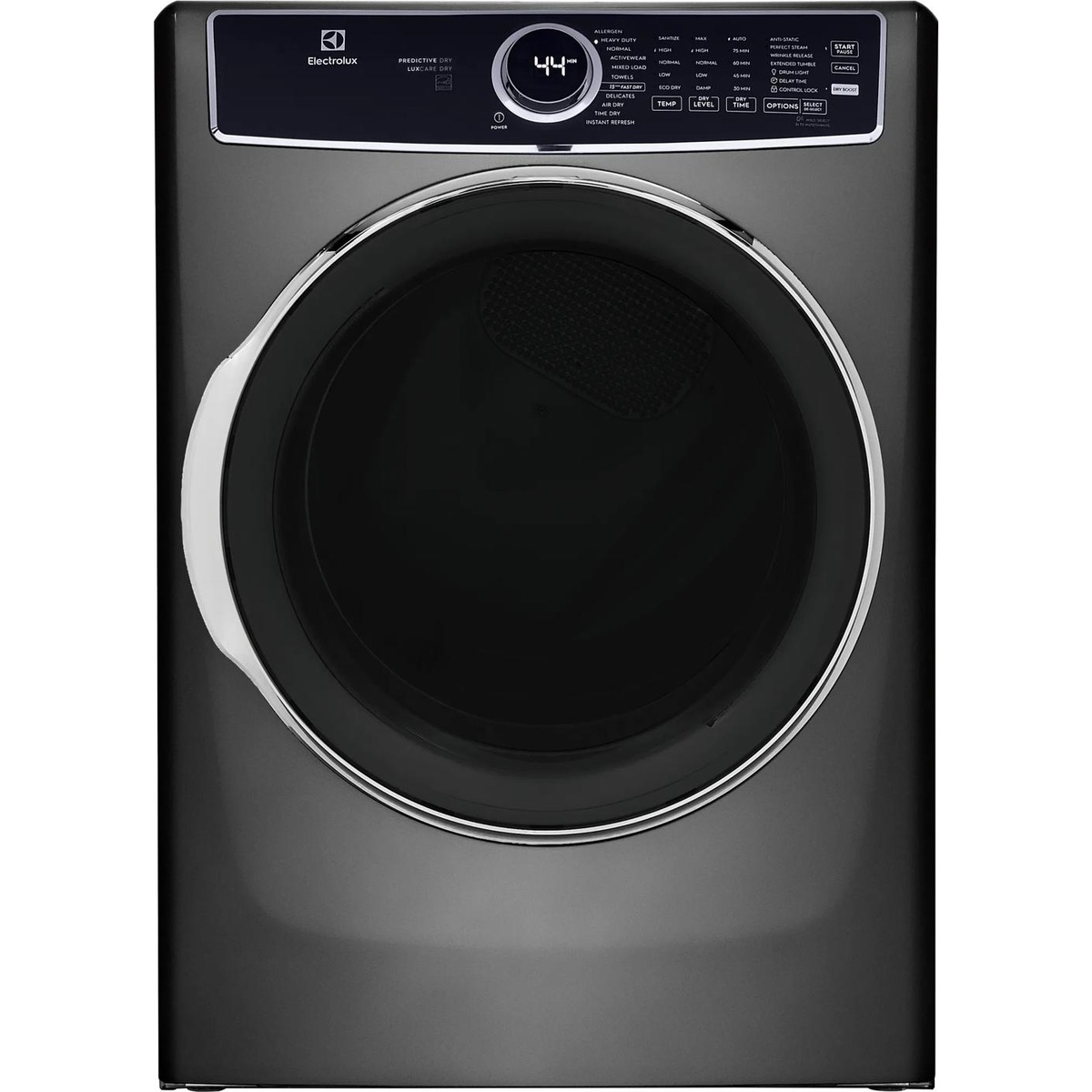 Front view of the Electrolux ELFG7637AT dryer showing the digital dial and cycle selection control panel