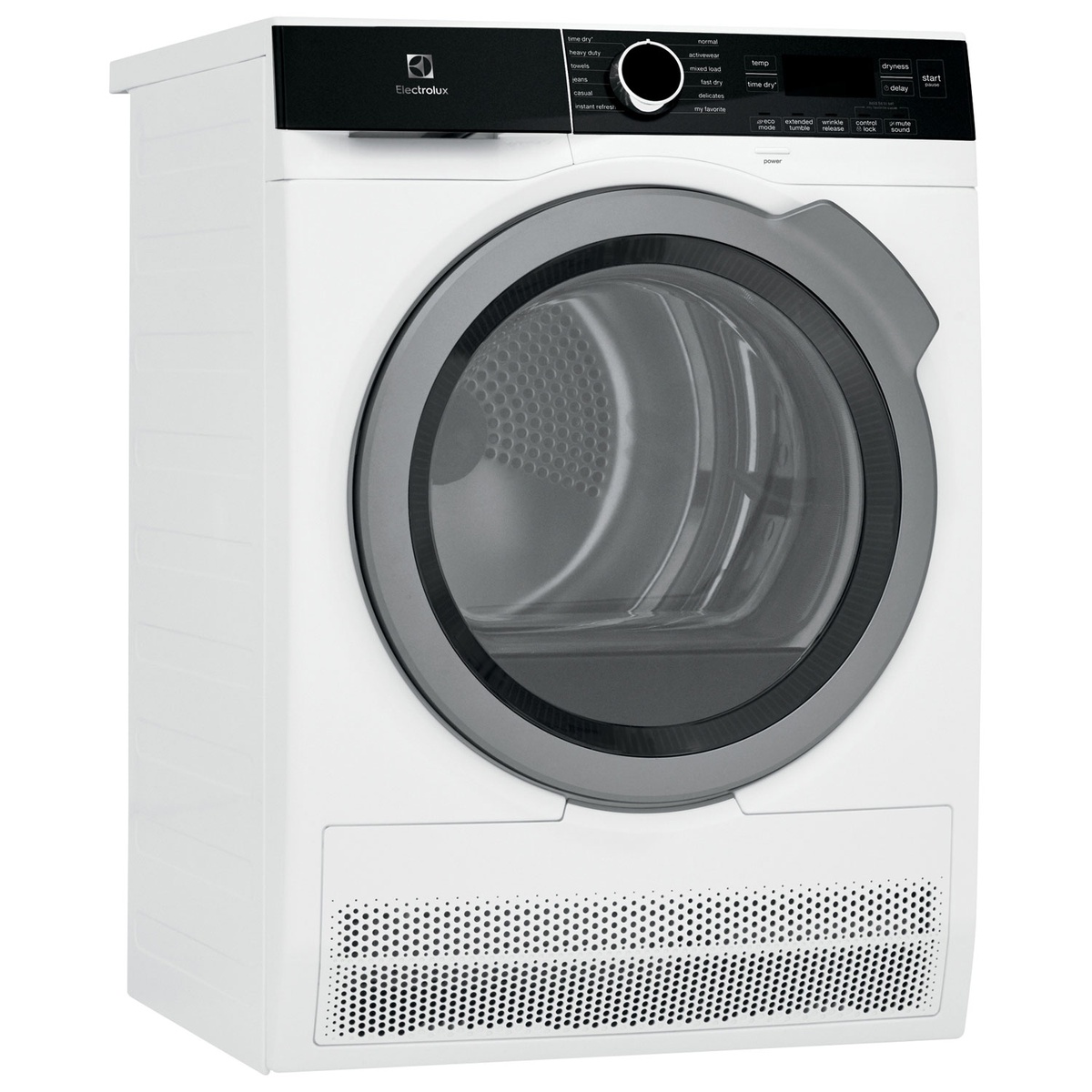 Angled view of a white Electrolux front-load compact dryer with a large round door and black control panel
