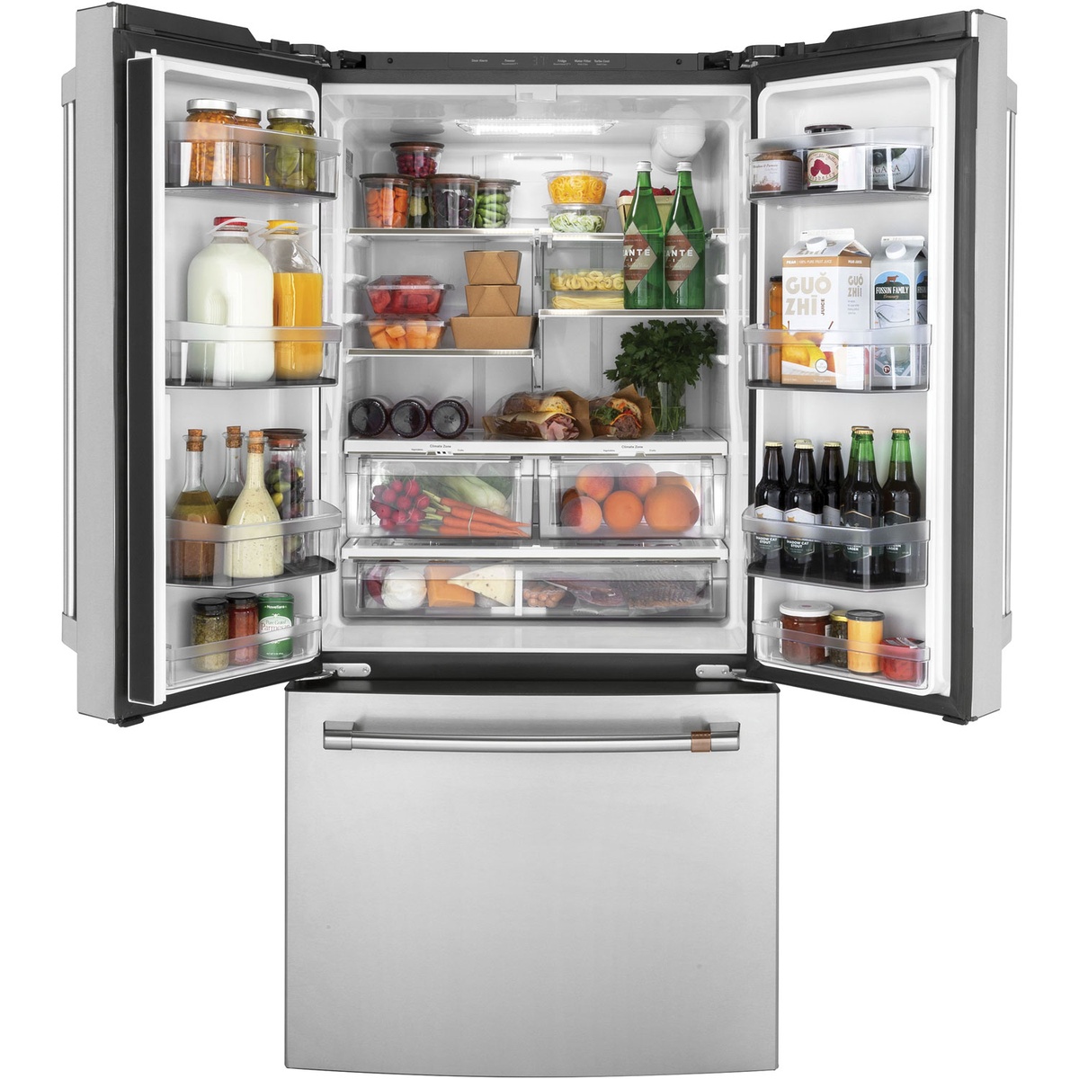 Open Café French door refrigerator showing adjustable shelves, door bins, and two clear crisper drawers filled with food