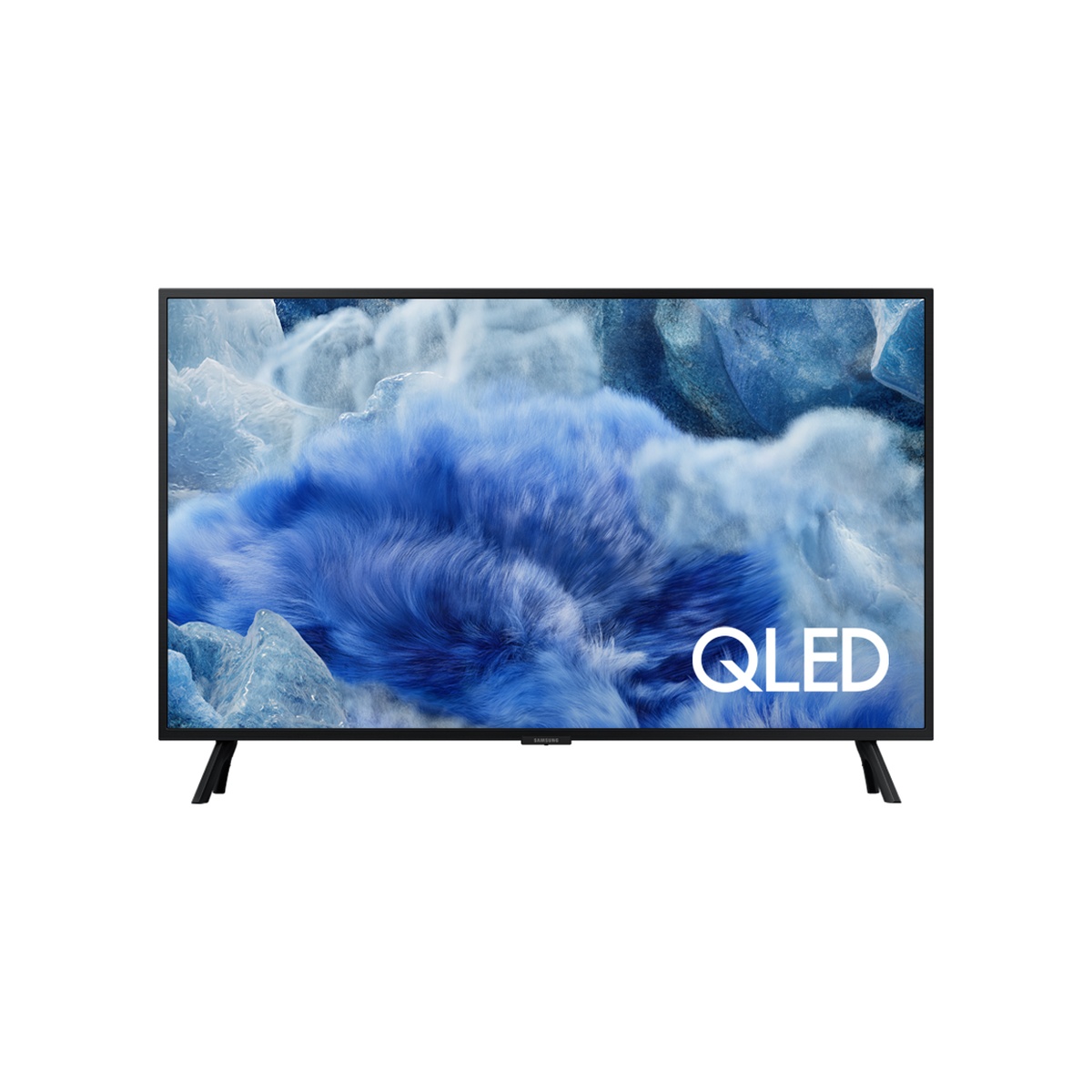 Front view of a Samsung QLED TV on two feet with a thin black bezel