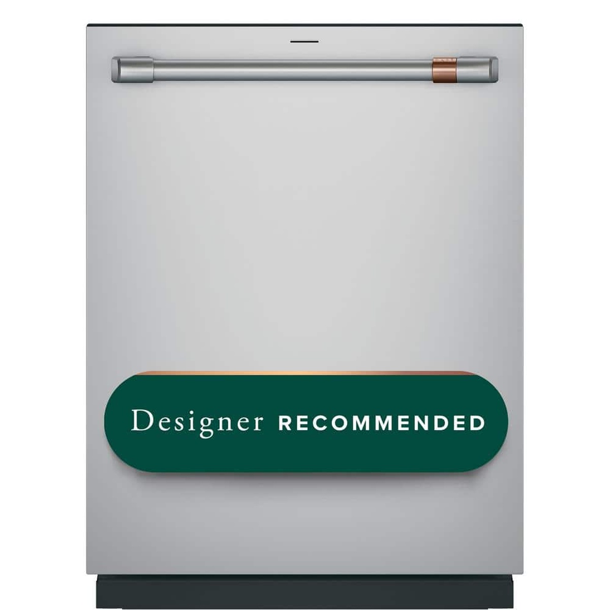 Front view of a Cafe stainless built-in dishwasher with a bar handle and a Designer Recommended badge