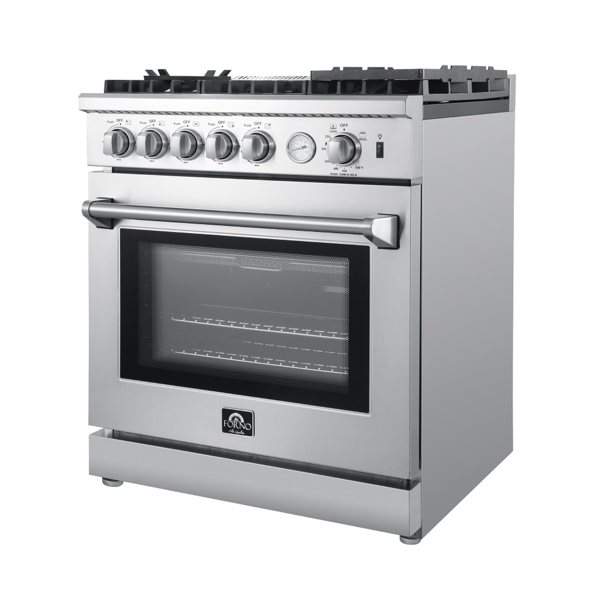 Angled view of the Forno Lazio freestanding stainless steel range with front control knobs and large oven door handle