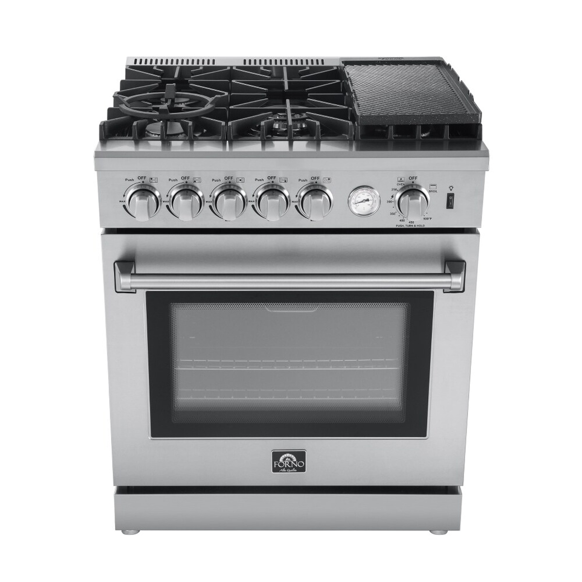 Front view of the Forno Lazio stainless steel range showing the five-burner cooktop with a wok ring and a griddle on top