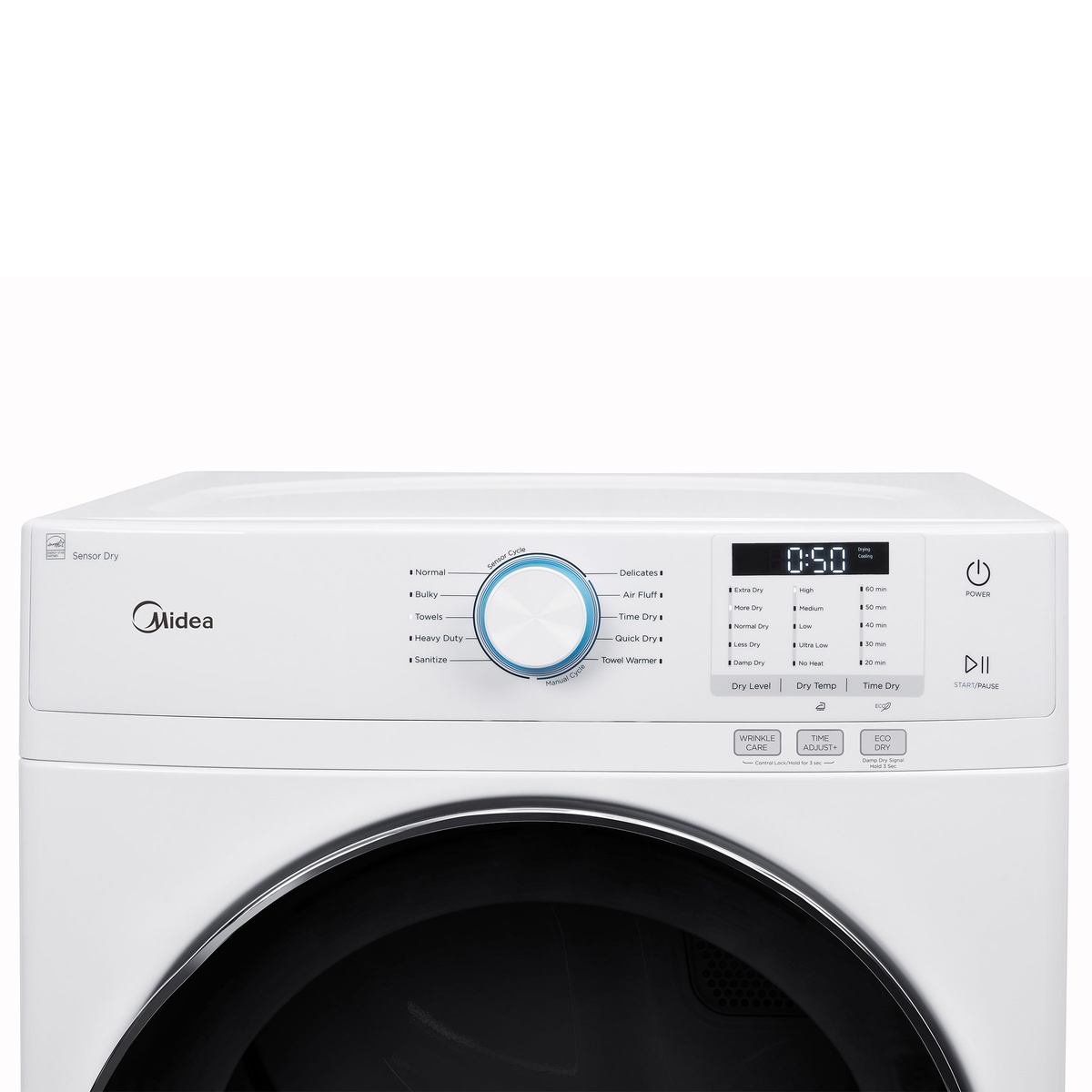 Close-up of the Midea dryer control panel showing a cycle dial, digital display, and buttons for Wrinkle Care, Time Adjust, and Eco Dry.