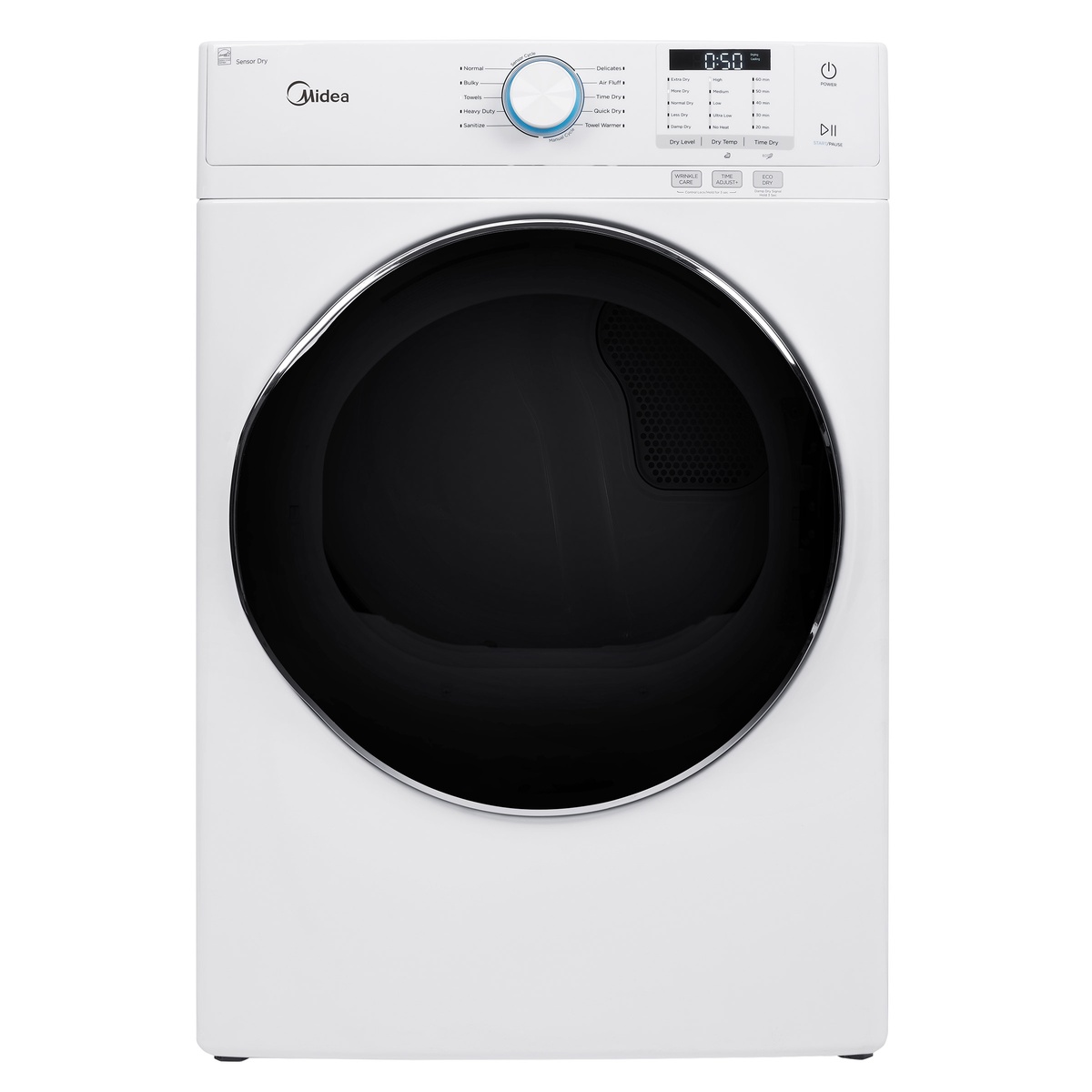 Front view of the white Midea electric dryer with a large black door and top control panel.