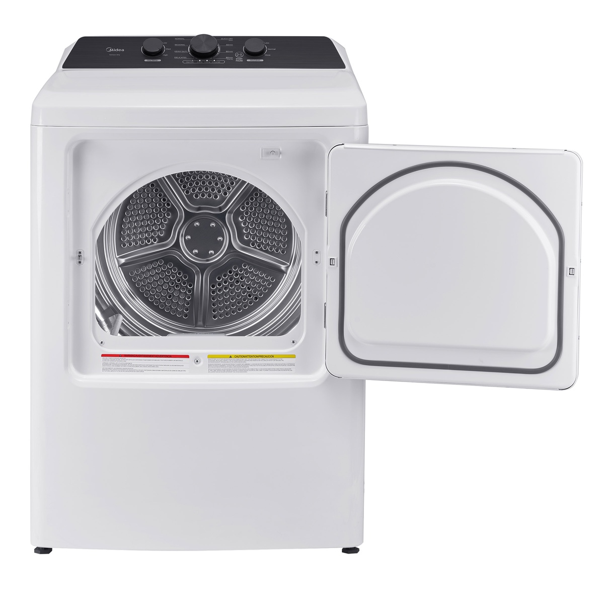 Midea white electric dryer with the door open, showing the drum interior