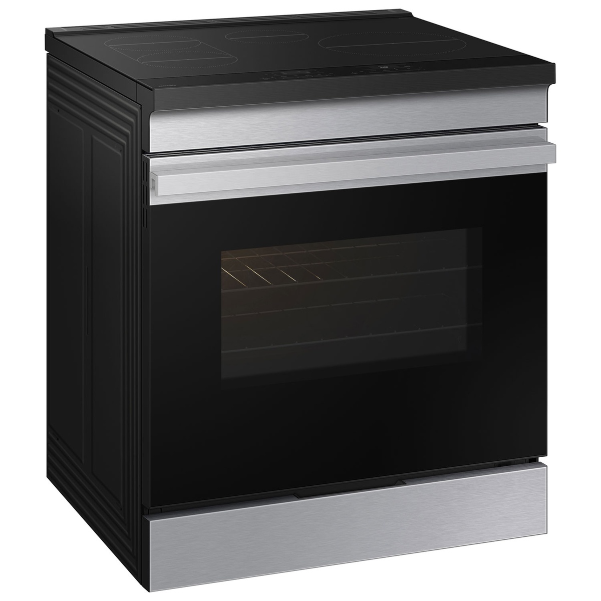 Angled front view of the Samsung slide-in range showing the stainless trim, recessed handle, and flat cooktop design