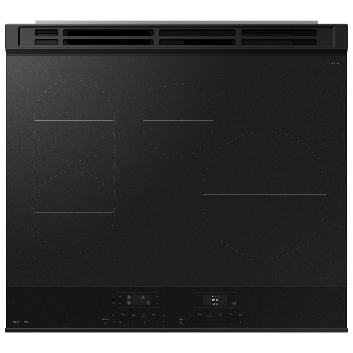 Top-down view of the matte glass induction cooktop showing four element outlines and the touch control panel
