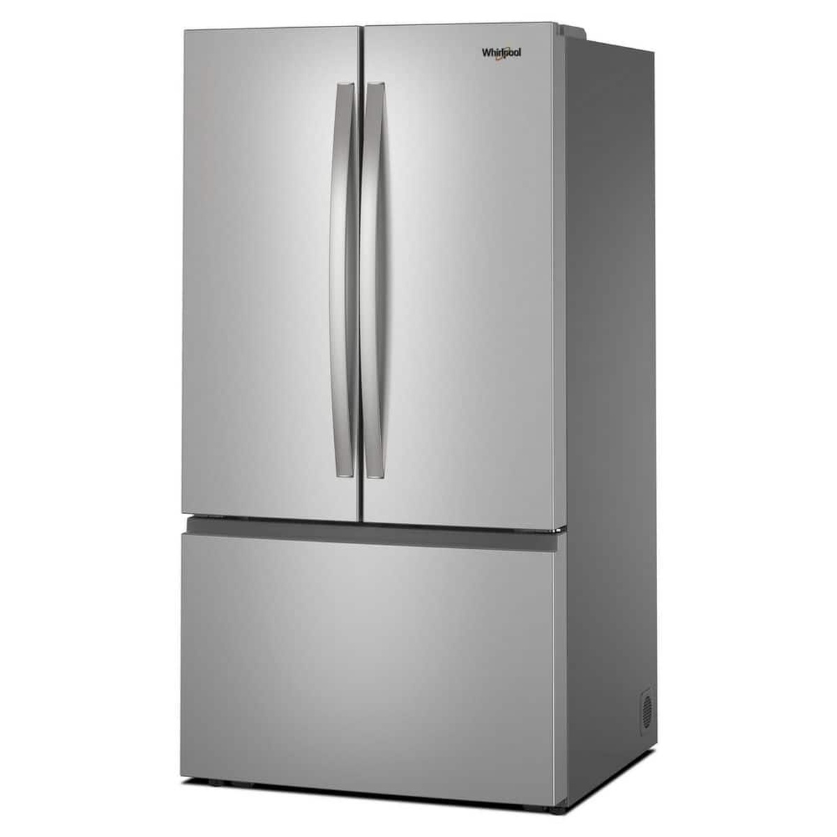 Angled view of a Whirlpool stainless steel French door refrigerator with bottom freezer drawer