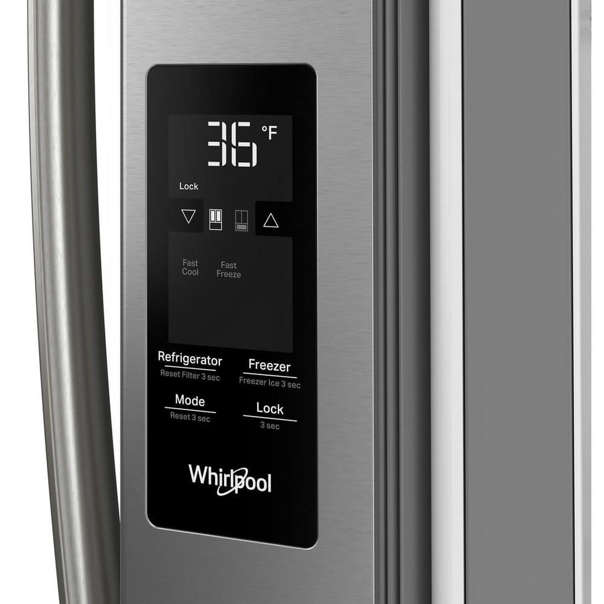 Close-up of the refrigerator touch control panel showing temperature, Fast Cool and Fast Freeze options