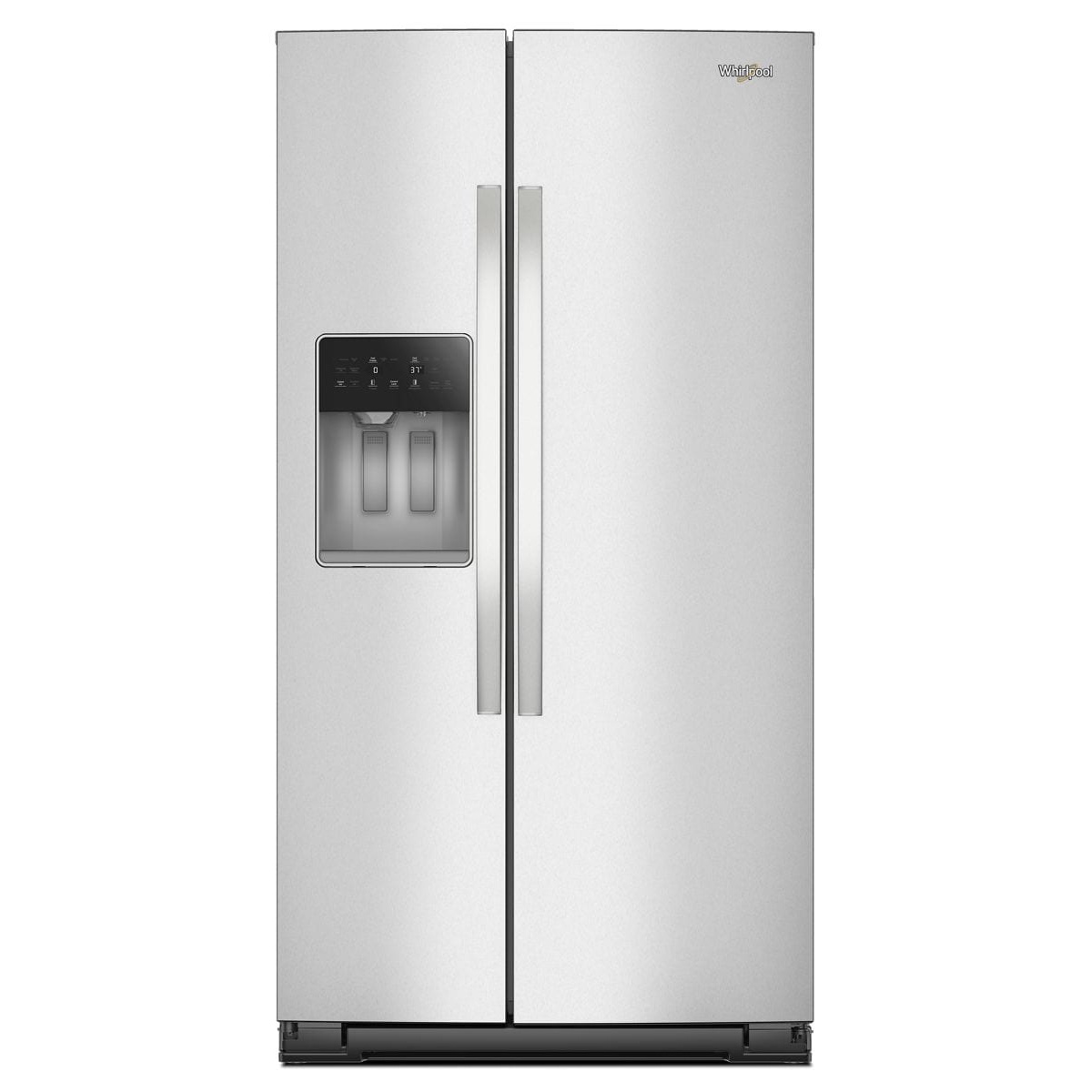 Front view of a stainless steel Whirlpool side-by-side refrigerator with an in-door ice and water dispenser and vertical handles
