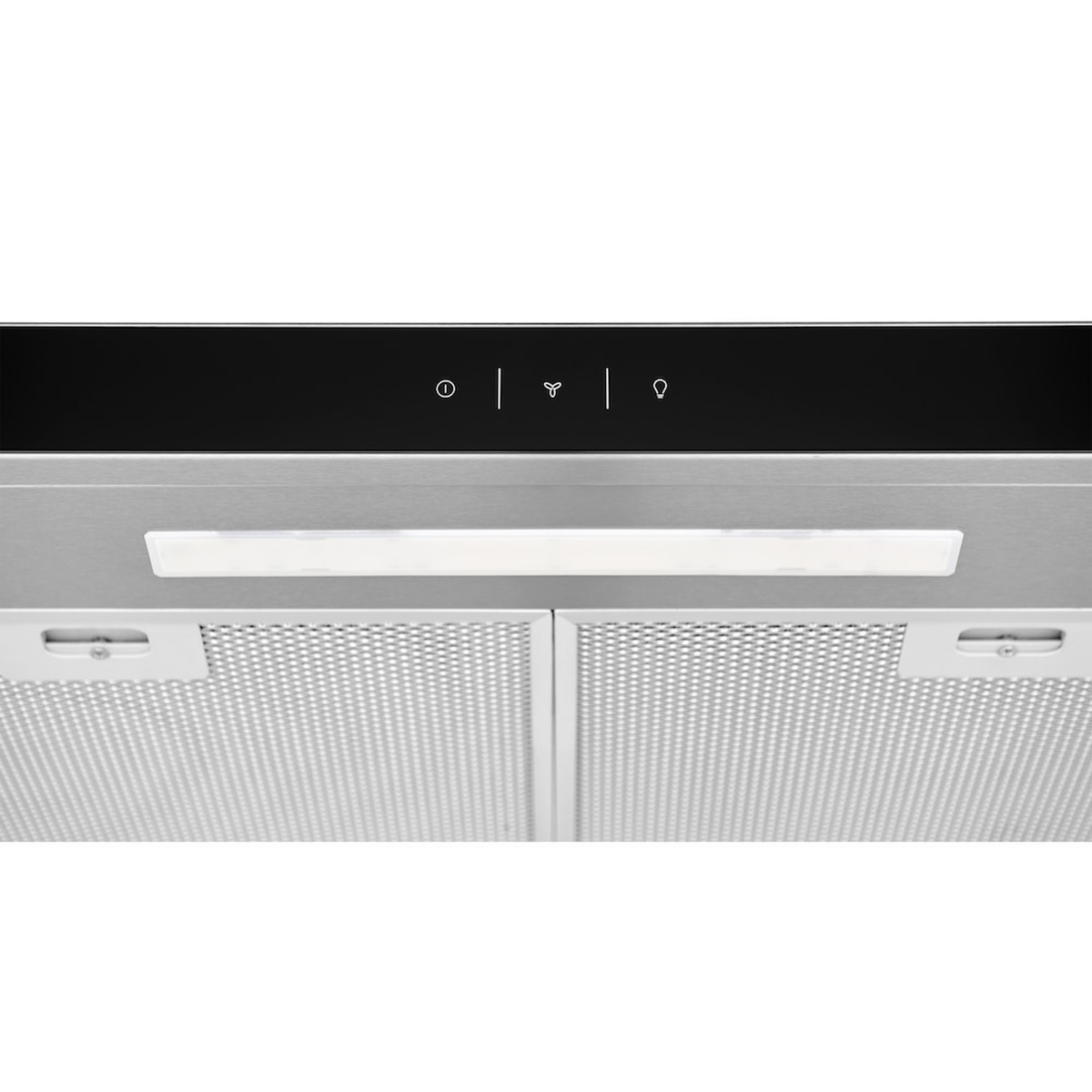 Close-up of the underside of a stainless under-cabinet range hood showing touch controls, LED light bar, and two mesh grease filters