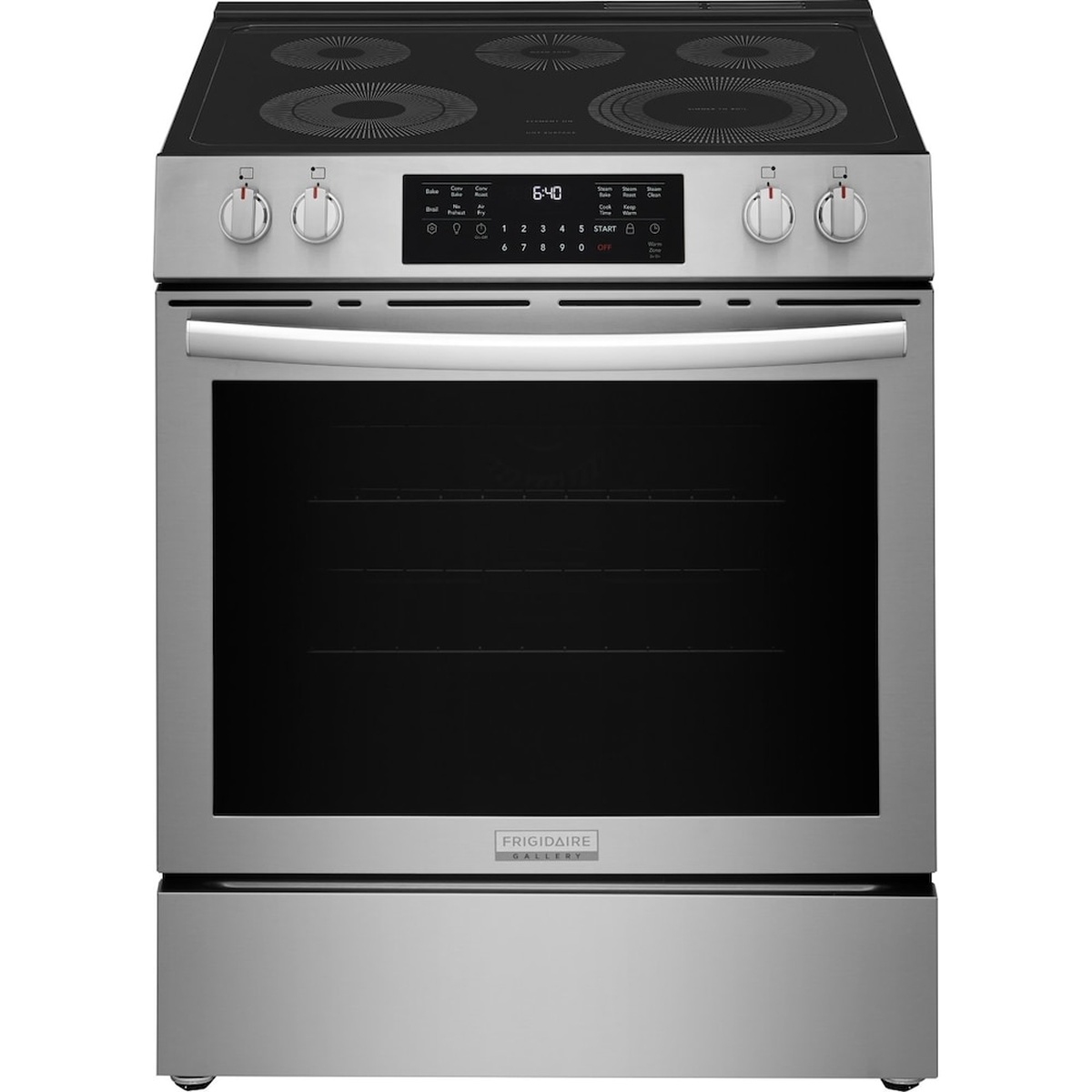 Front view of the stainless steel electric range with smooth black cooktop, knobs, and central digital control panel