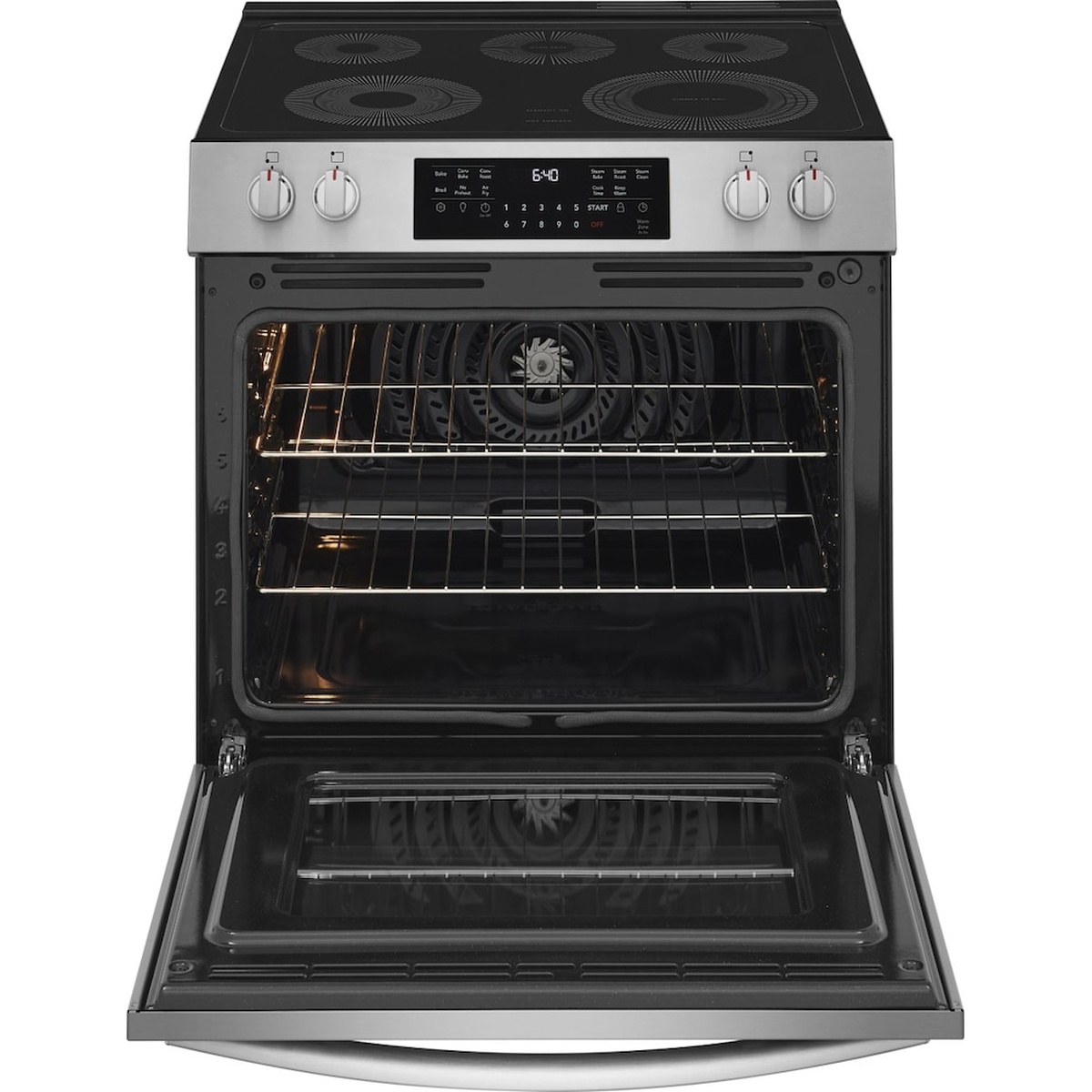 Oven interior with door open, showing a rear convection fan and two oven racks