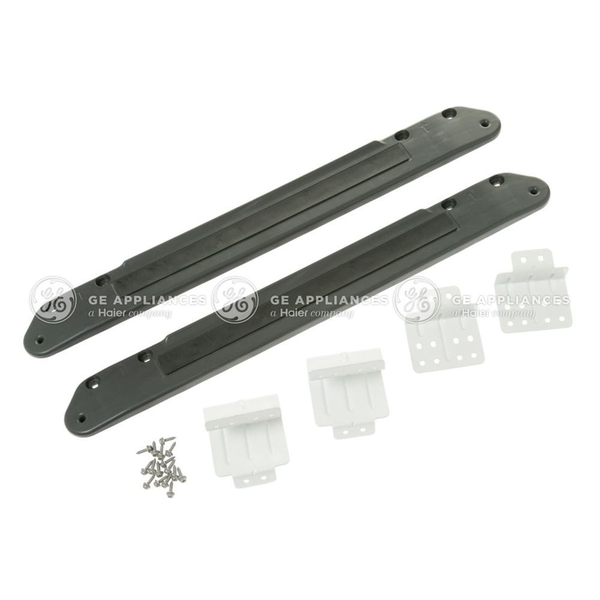GE stacking kit parts shown on a white background, including two long dark brackets, white mounting pieces, and a small pile of screws