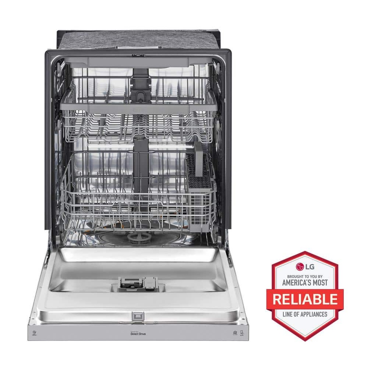 Open LG dishwasher showing a three-rack interior with a top third rack and stainless steel tub