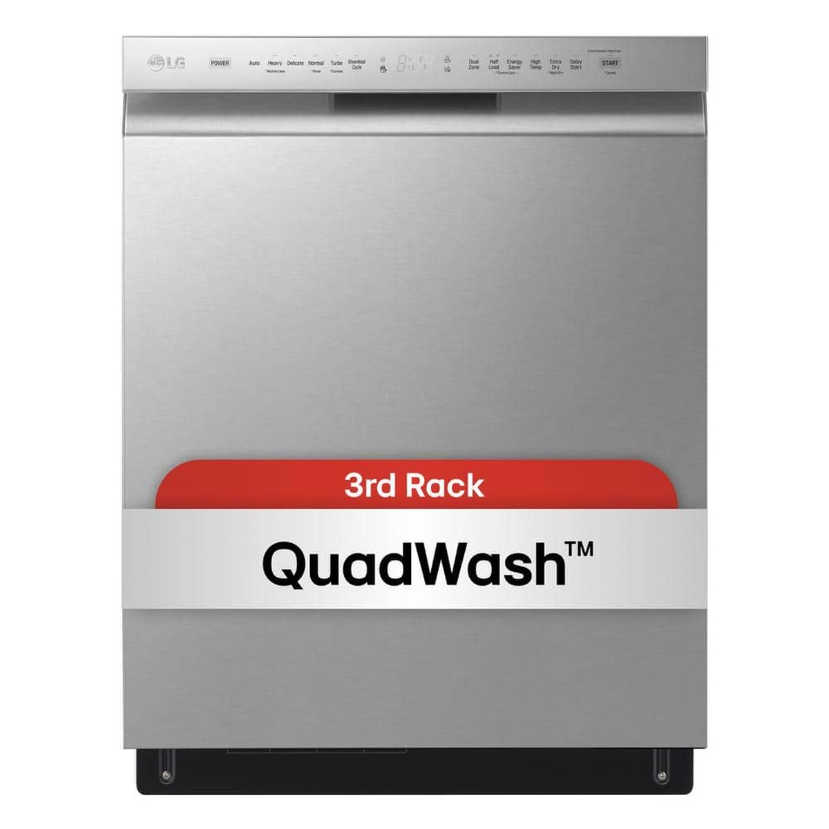 Front view of LG stainless dishwasher with front control panel and pocket handle