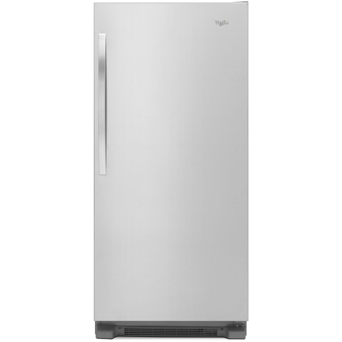 Front view of a stainless Whirlpool all-refrigerator with a tall vertical handle