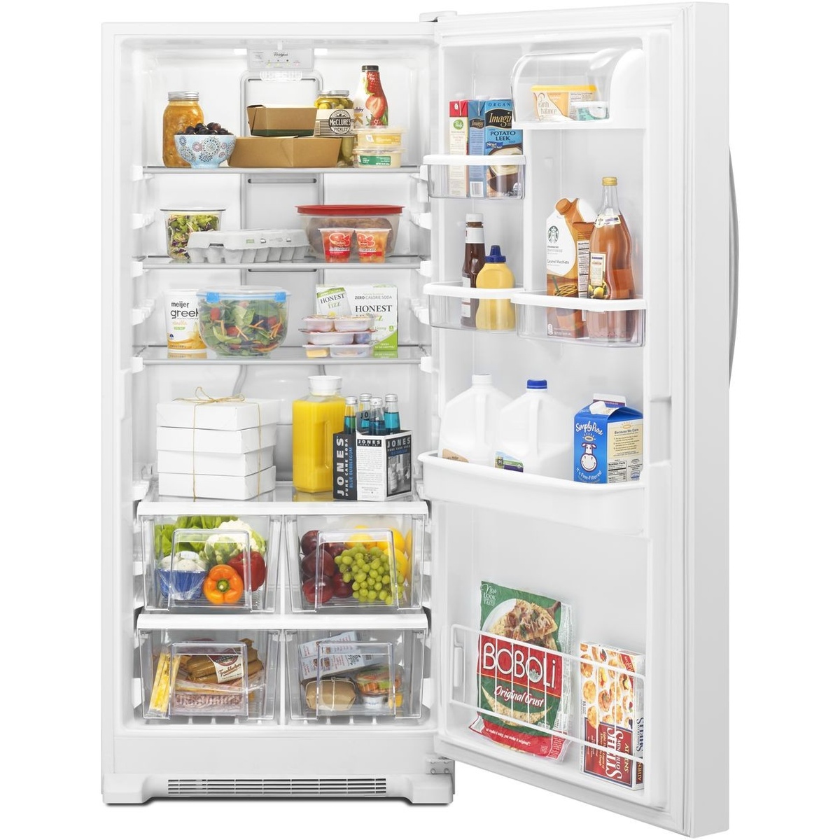 Open Whirlpool all-refrigerator showing adjustable glass shelves, door bins, and four clear drawers with food inside