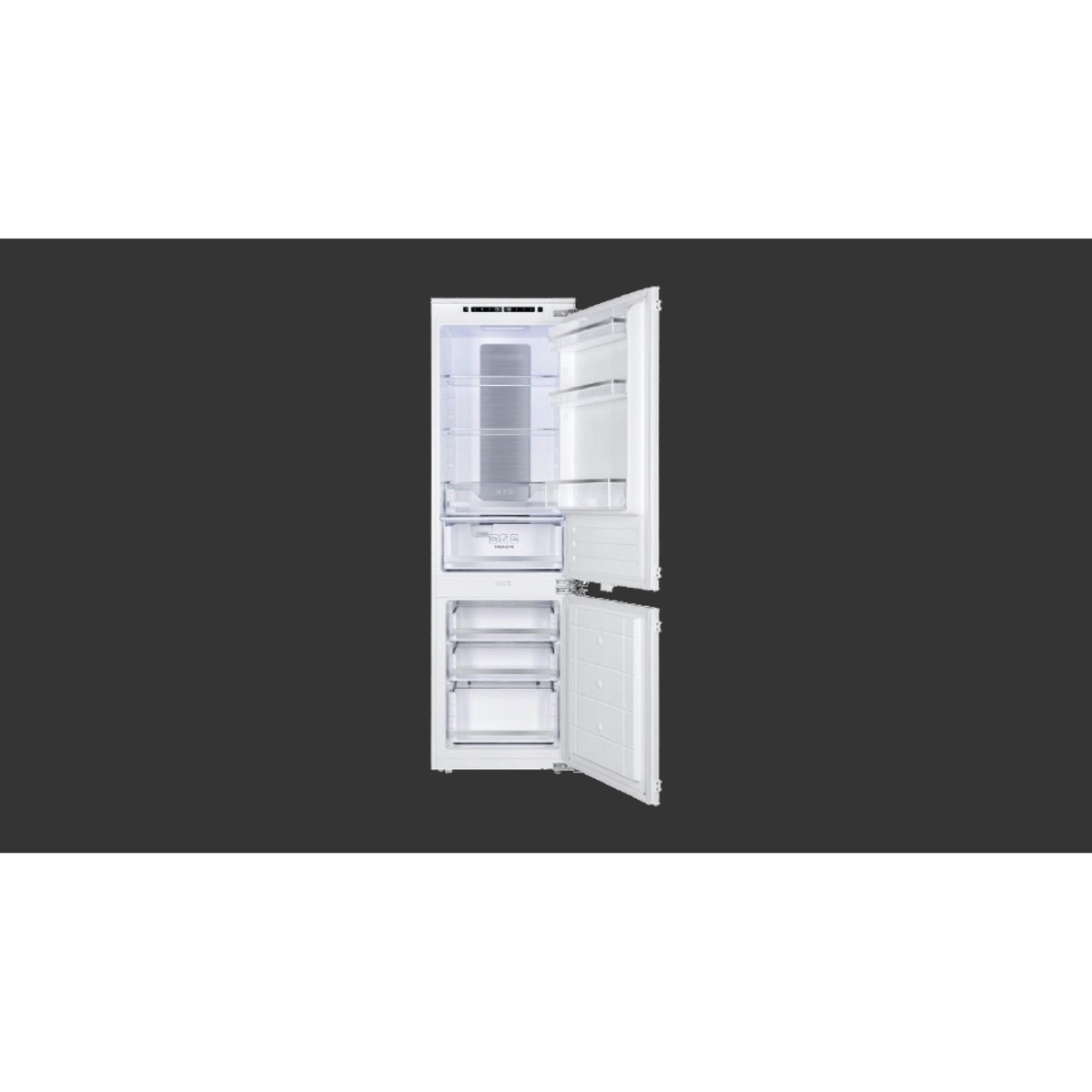 Open built-in refrigerator showing glass shelves, door bins, interior lighting, and bottom freezer drawers