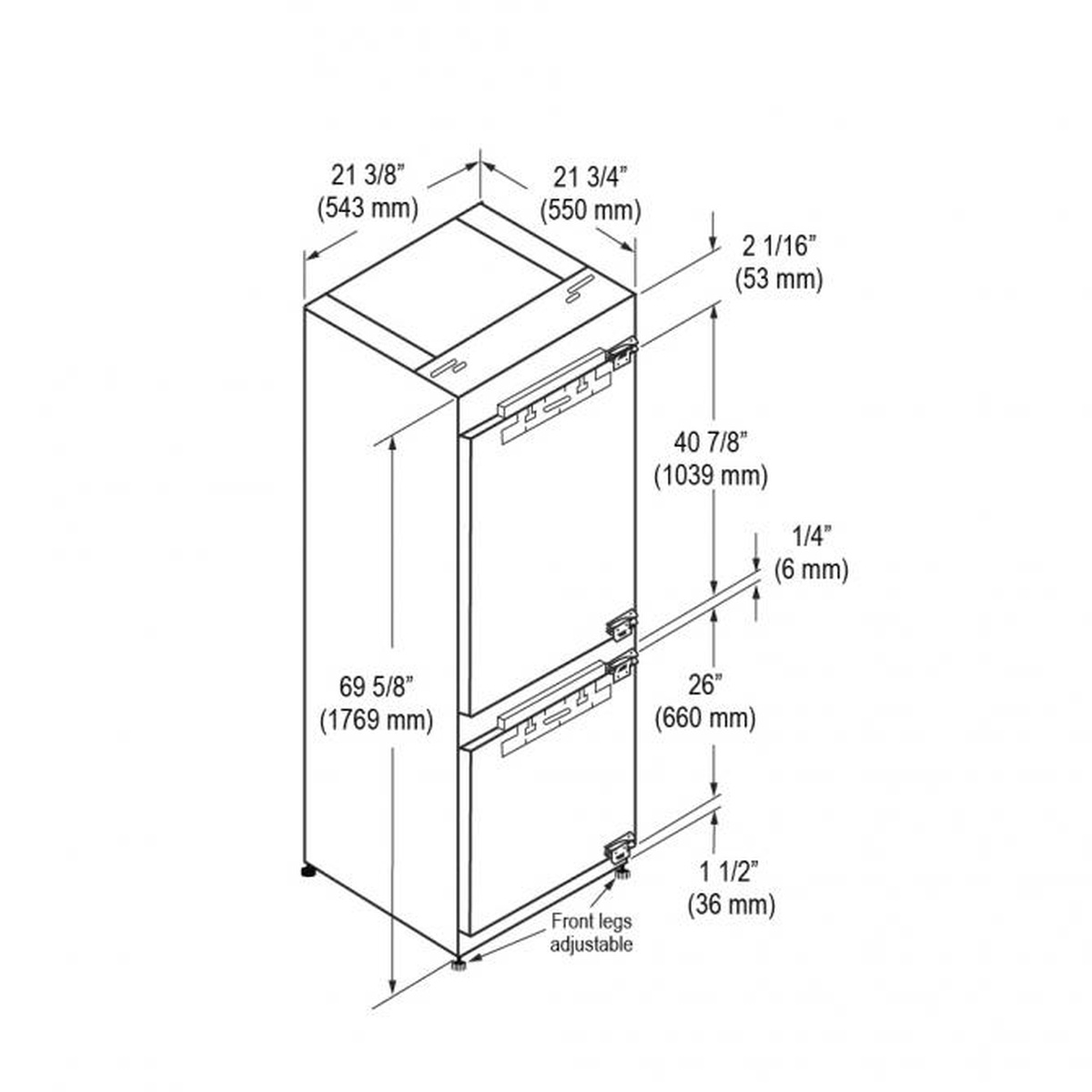 Installation dimension diagram for a 22-inch built-in refrigerator showing 69 5/8 inch height, 21 3/4 inch width, and front adjustable legs