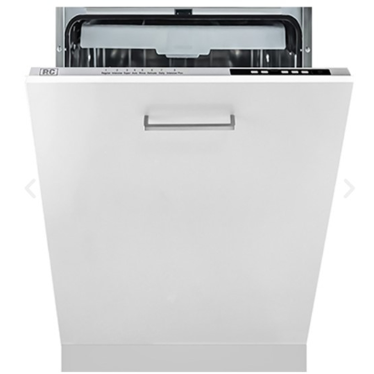 Front view of a panel-ready built-in dishwasher with a flat door and a top-edge control strip