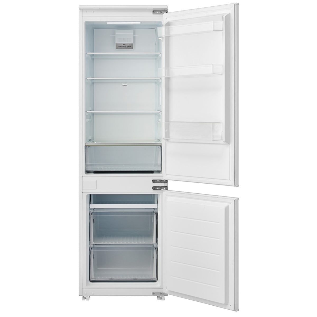 Open bottom-mount refrigerator showing glass shelves, door bins, a wide crisper drawer, and two clear freezer drawers