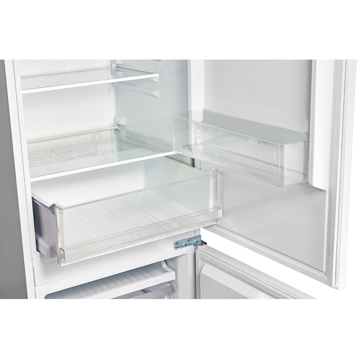 Close-up of the refrigerator interior showing a clear produce drawer and a clear door bin