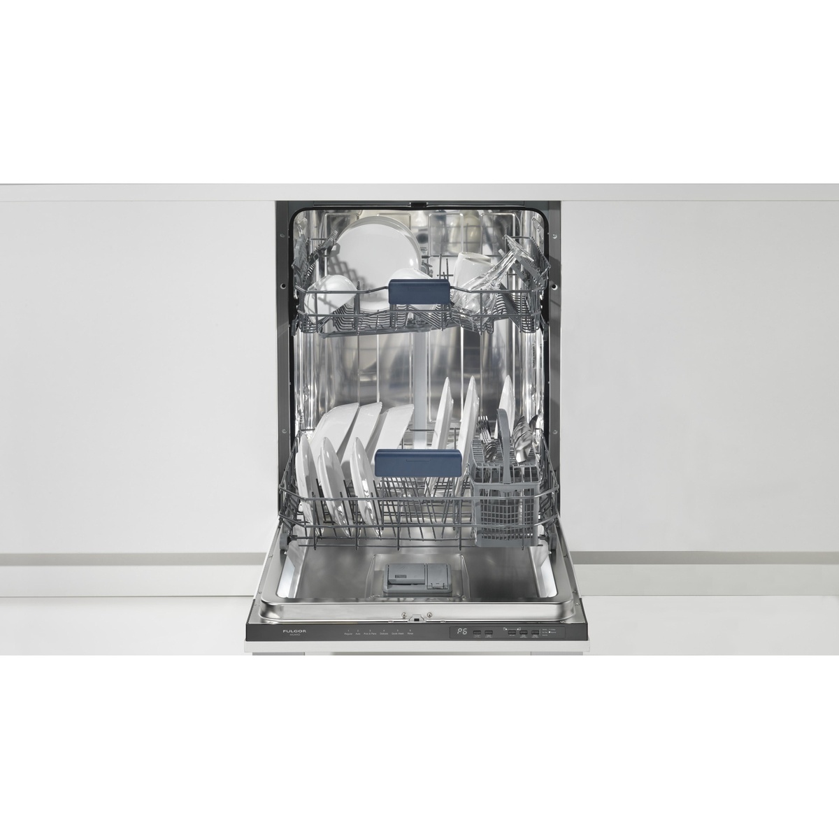 Open dishwasher showing stainless steel interior with upper and lower racks and a silverware basket