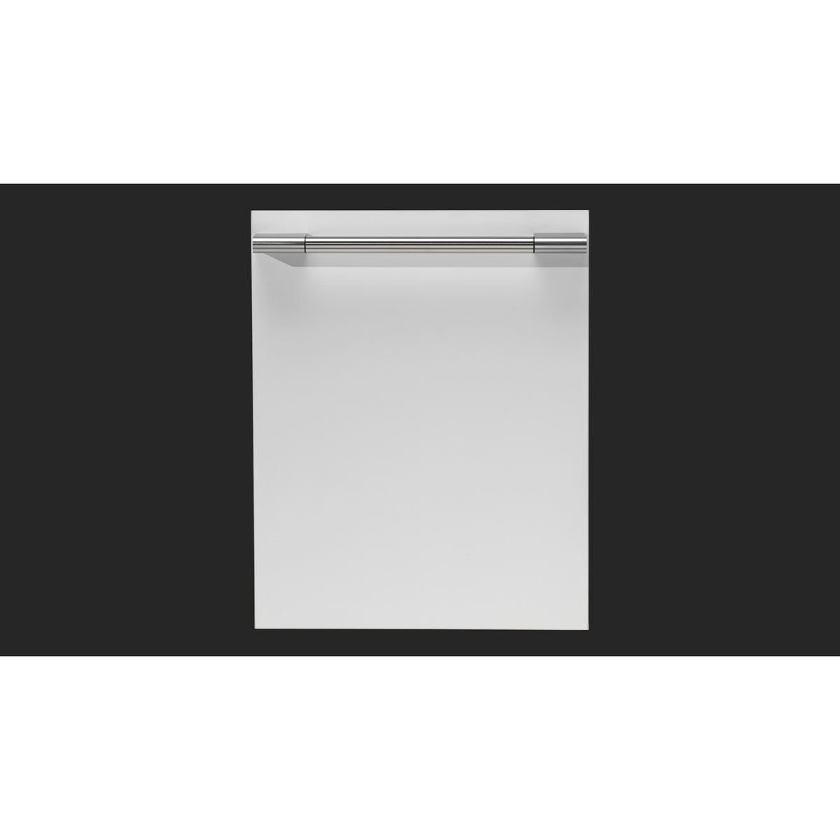 Front view of a fully integrated dishwasher with a smooth panel-ready door and a wide handle