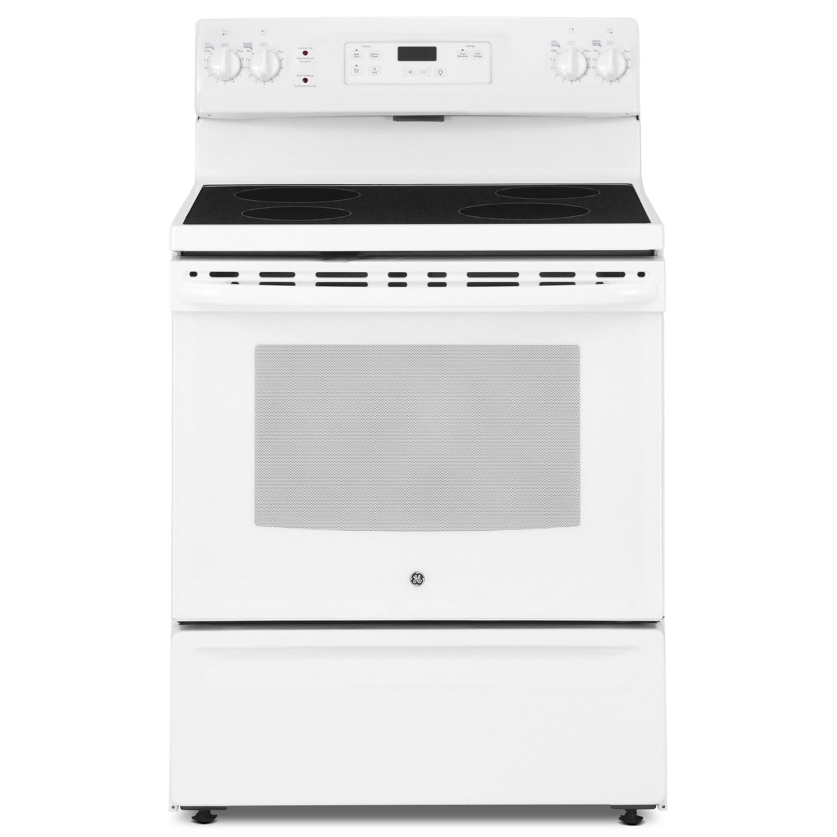 Front view of a white GE freestanding electric range with a black smooth cooktop, rear control panel, oven window, and bottom storage drawer