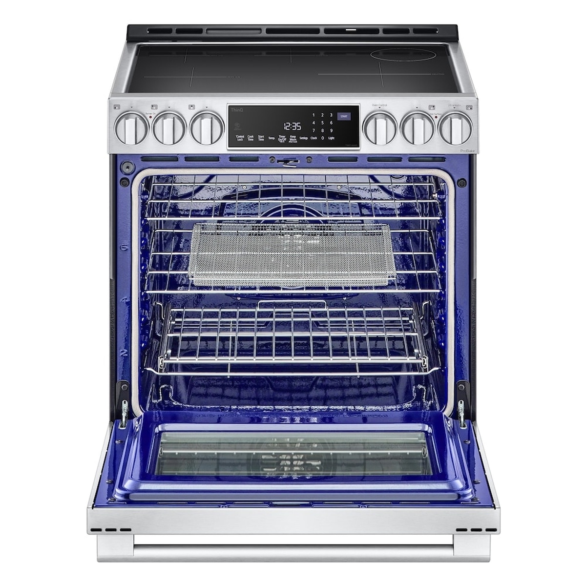 Front view of the range with the oven door open, showing a large oven cavity with multiple racks and a windowed door