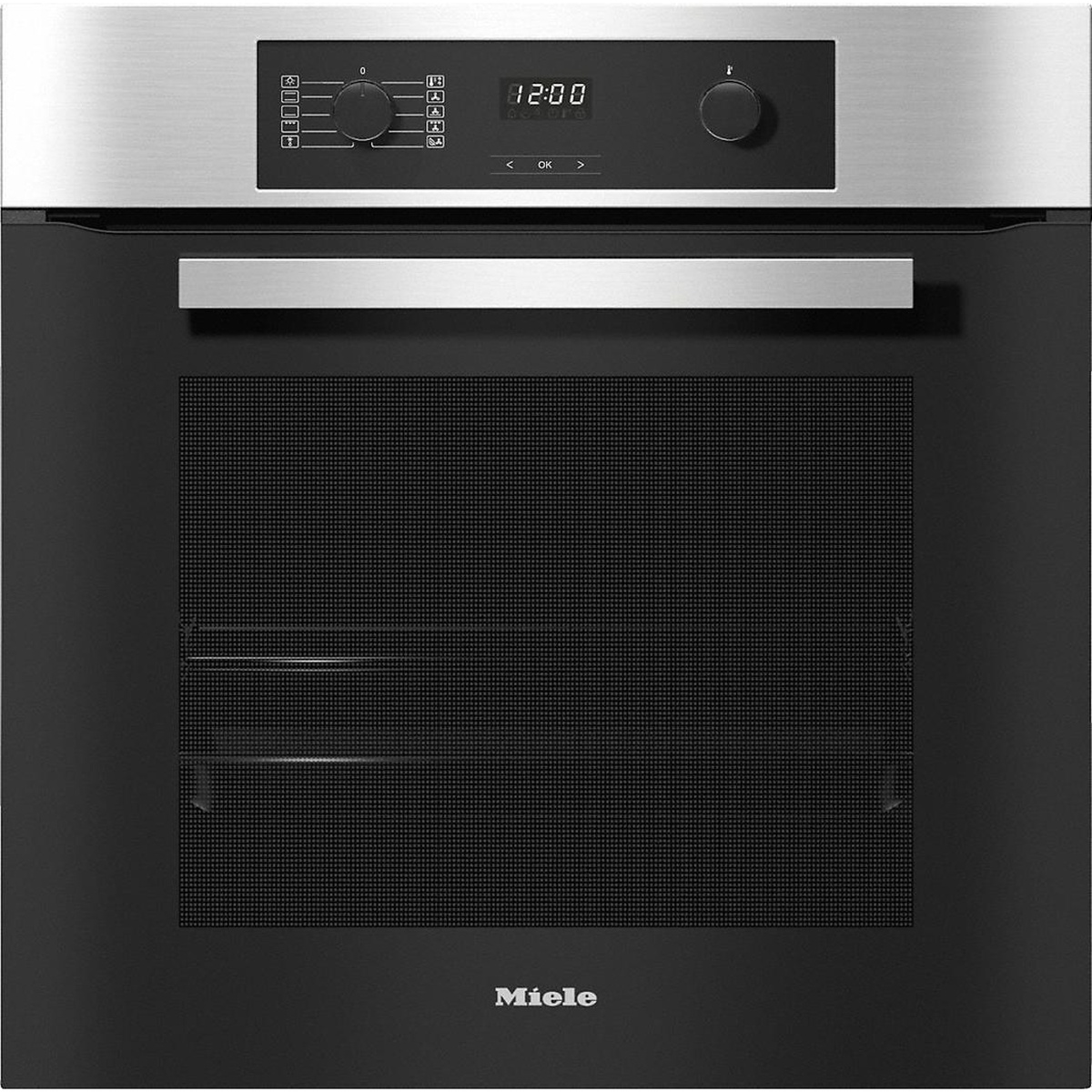 Front view of a built-in Miele oven with a dark glass door, stainless trim, wide handle, and top control panel