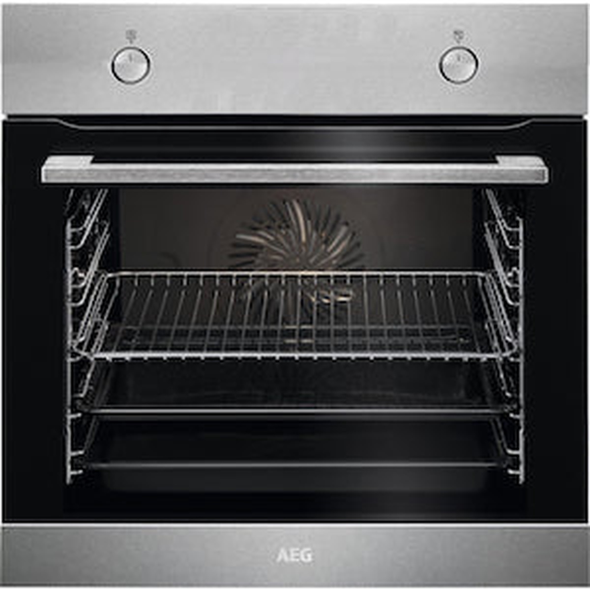 AEG stainless built-in wall oven with two top control knobs, a large handle, wire racks, and a visible convection fan at the back of the oven cavity
