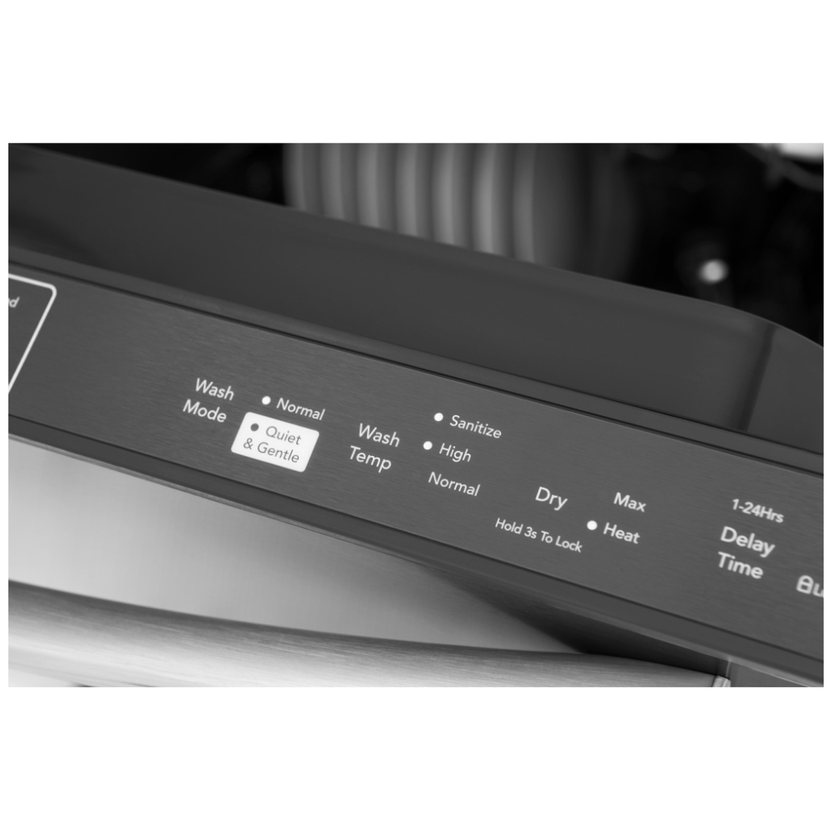 Close-up of the dishwasher top control panel showing wash mode, sanitize, dry settings, and delay time