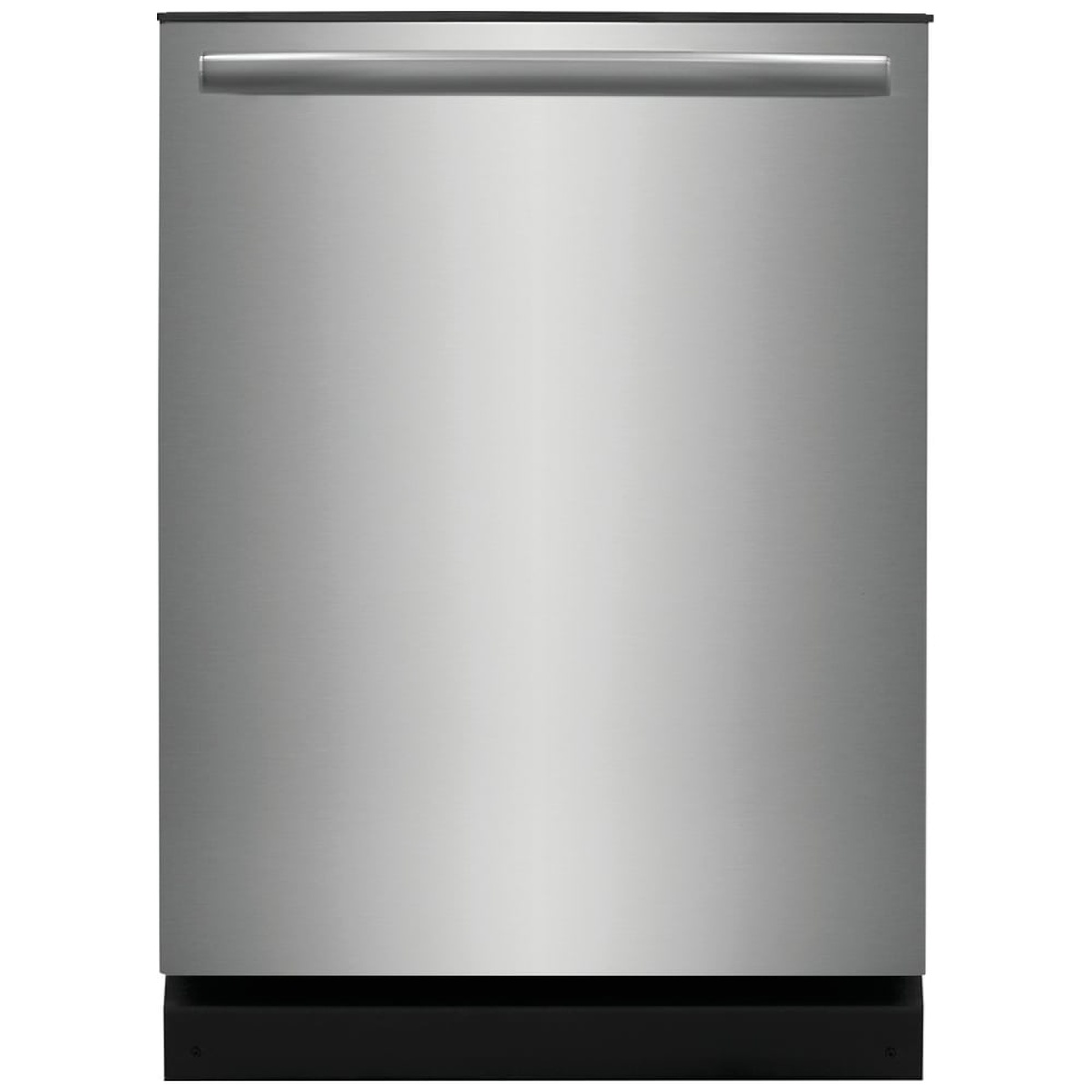 Front view of a stainless steel built-in dishwasher with a bar handle
