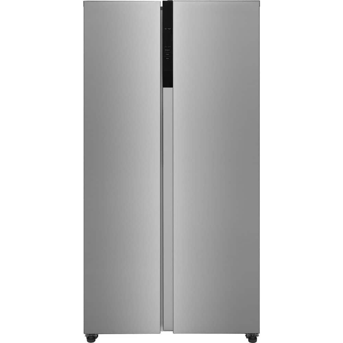 Front view of a stainless-look side-by-side refrigerator with a tall center control panel and no exterior dispenser